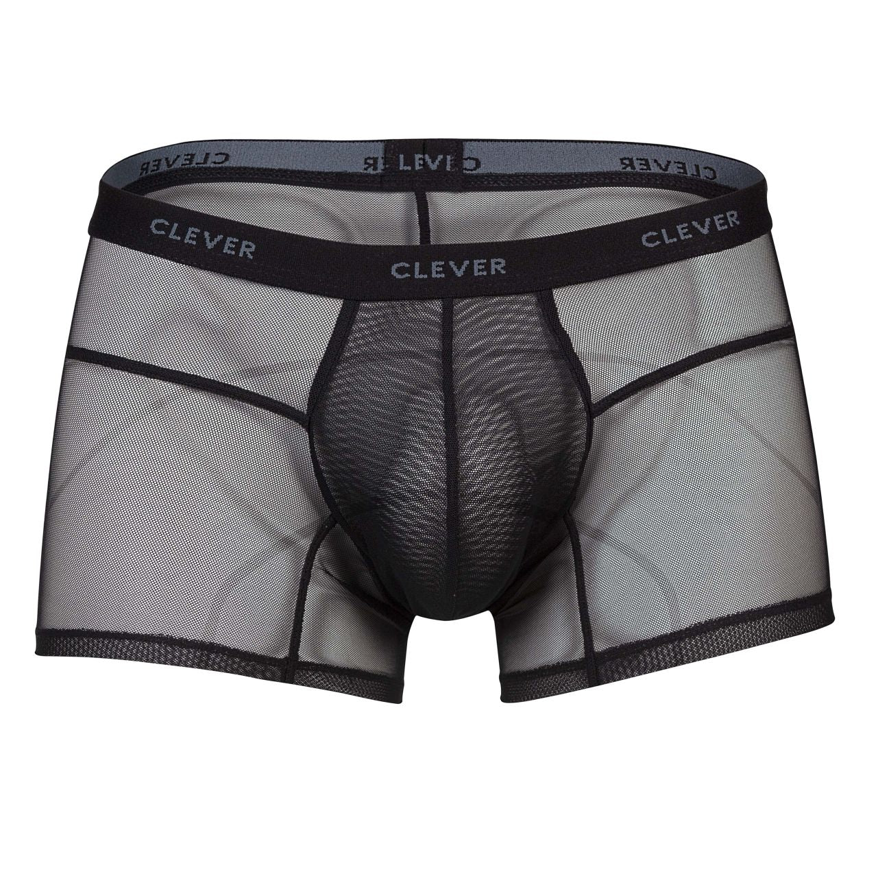 Black mesh clever 1673 legend trunks boxer briefs with reinforced elastic waistband and white clever logo in black