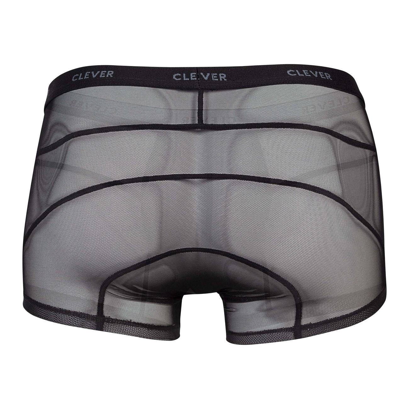 Black sheer mesh boxer briefs with reinforced black elastic waistband featuring clever branding from clever 1673 legend trunks