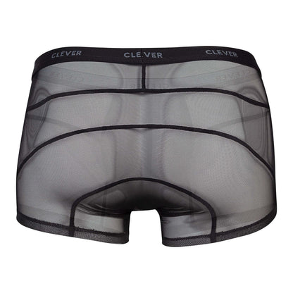 Black sheer mesh boxer briefs with reinforced black elastic waistband featuring clever branding from clever 1673 legend trunks