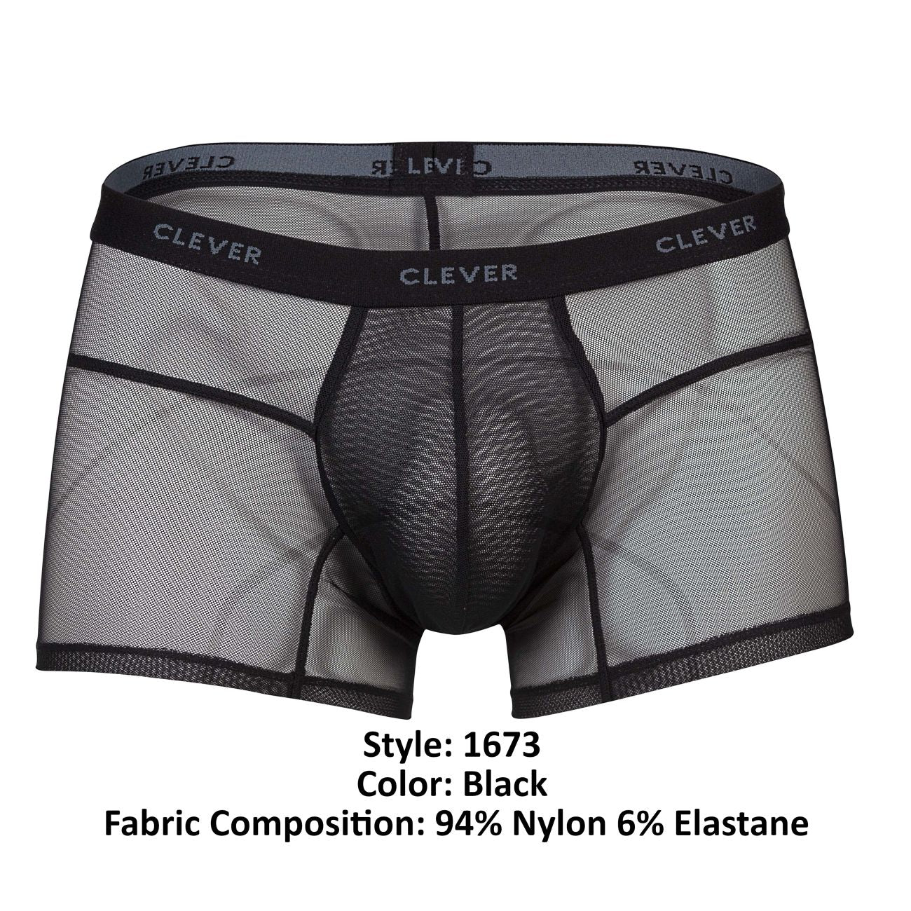 Black sheer mesh boxer briefs with black elastic waistband featuring clever brand name for comfortable wear