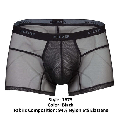 Black sheer mesh boxer briefs with black elastic waistband featuring clever brand name for comfortable wear