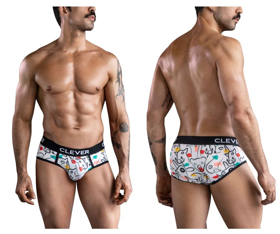 White clever 1726 grange briefs with playful cartoon animal pattern and black elastic waistband printed clever