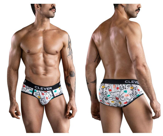 White clever 1726 grange briefs with playful cartoon animal pattern and black elastic waistband printed clever
