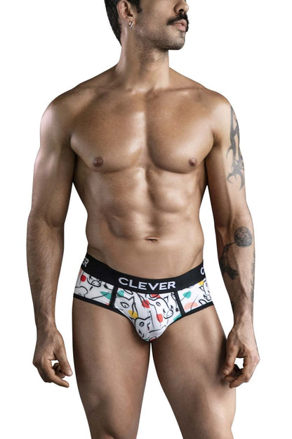 White clever 1726 grange briefs with playful cartoon pattern and black elastic waistband for comfortable wear