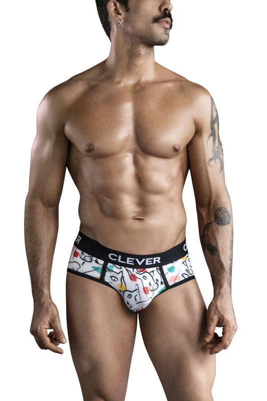 White clever 1726 grange briefs with playful cartoon pattern and black elastic waistband for comfortable wear