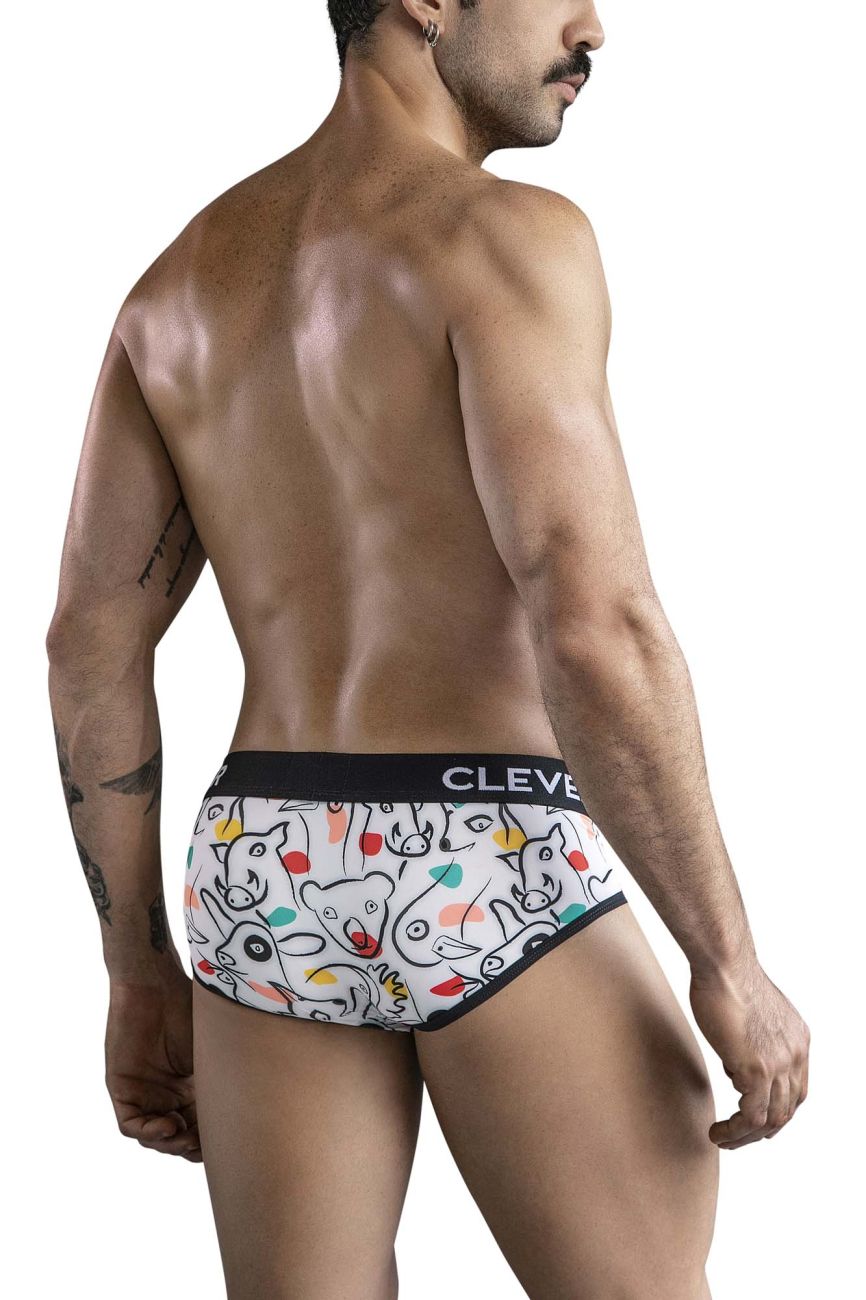 White clever 1726 grange briefs with playful colorful cartoon animal print and black trim on waistband
