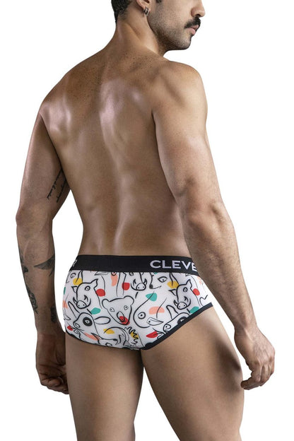 White clever 1726 grange briefs with playful colorful cartoon animal print and black trim on waistband