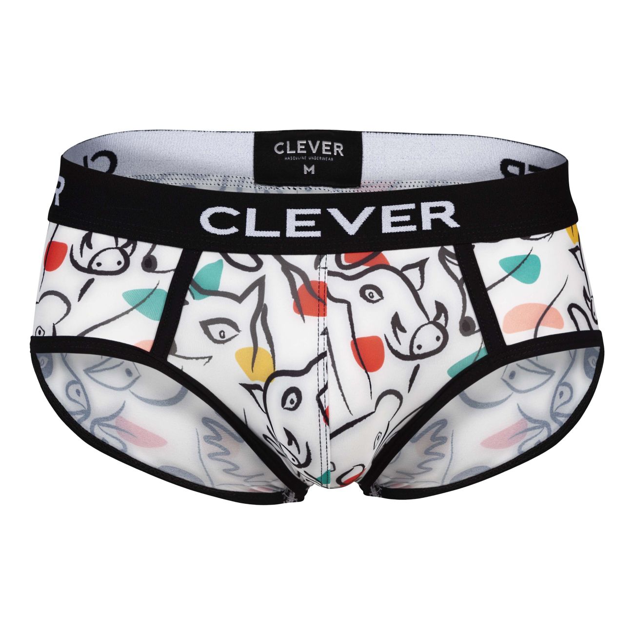 White clever 1726 grange men’s briefs with playful black red yellow teal cartoon animal pattern and branded waistband