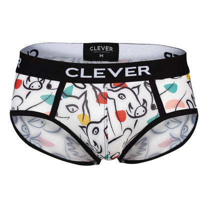 White clever 1726 grange men’s briefs with playful black red yellow teal cartoon animal pattern and branded waistband