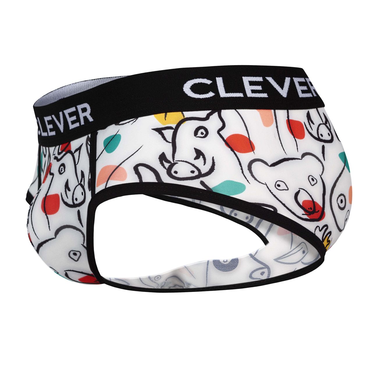 White clever 1726 grange briefs featuring playful cartoon pigs koalas and colorful dotted animal prints in black outlines