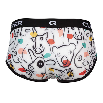 White clever 1726 grange briefs with playful black cartoon animal outlines and colorful polka dots on front side