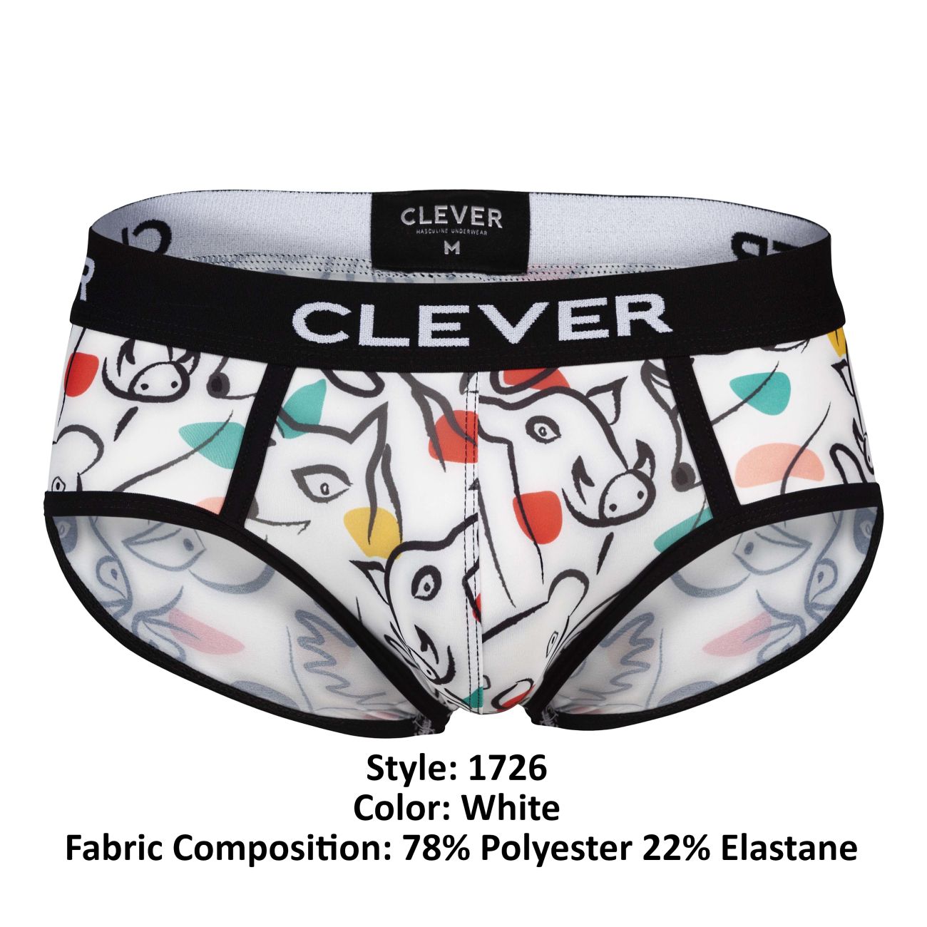 White clever 1726 grange briefs with playful colorful cartoon animal pattern black trim and elastic waistband
