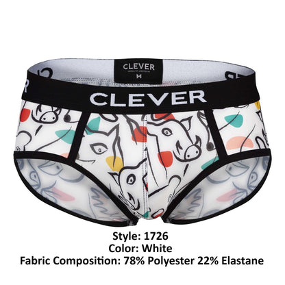 White clever 1726 grange briefs with playful colorful cartoon animal pattern black trim and elastic waistband