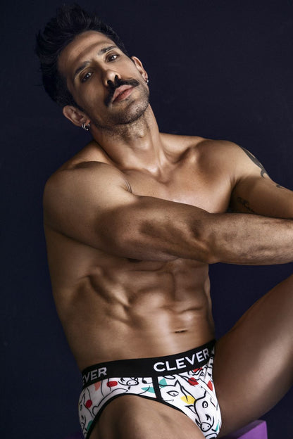 White clever 1726 grange briefs with colorful cartoon cat pattern and black elastic waistband with brand name