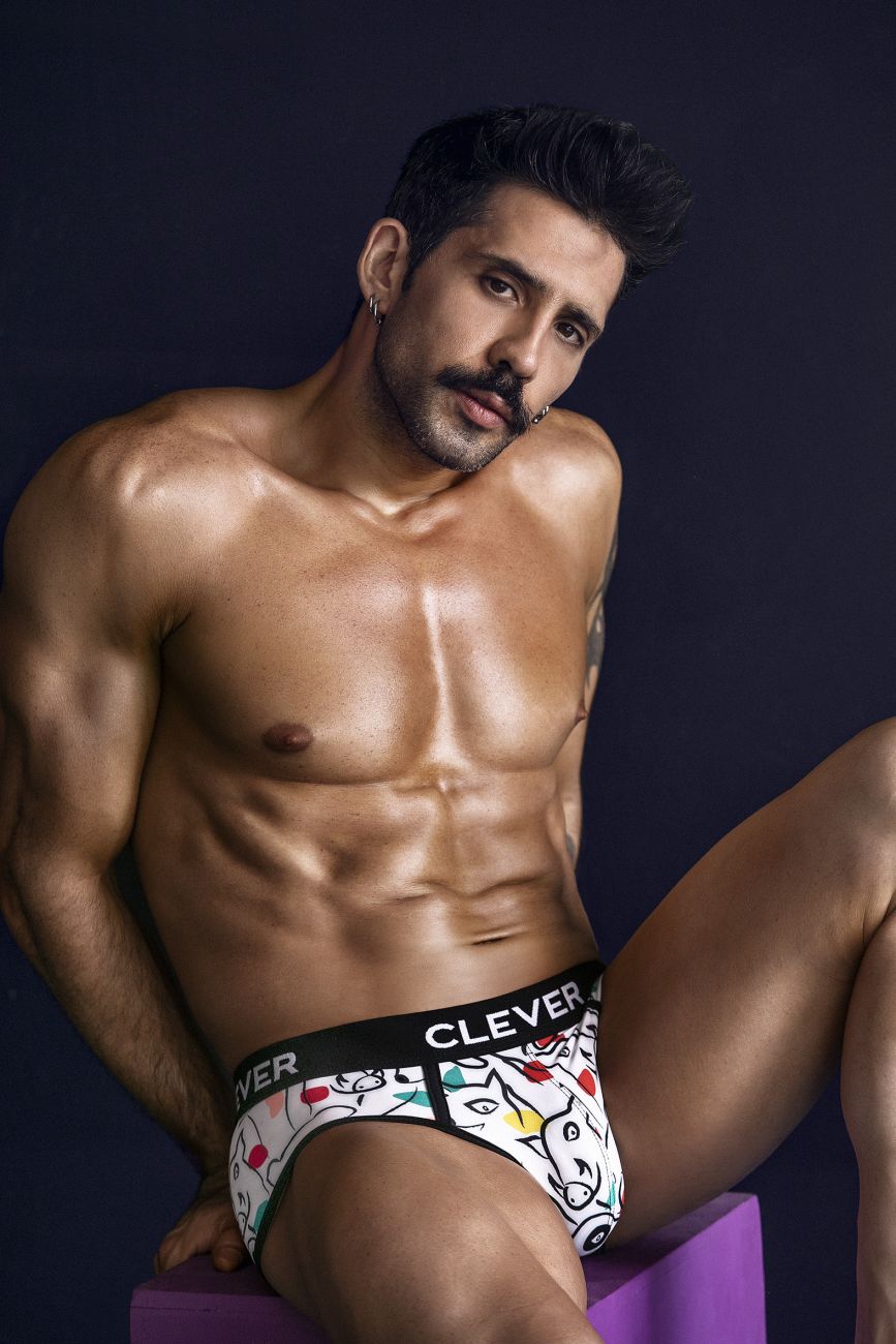 White briefs with playful cartoon cat and dice pattern and clever brand name on the waistband in white color