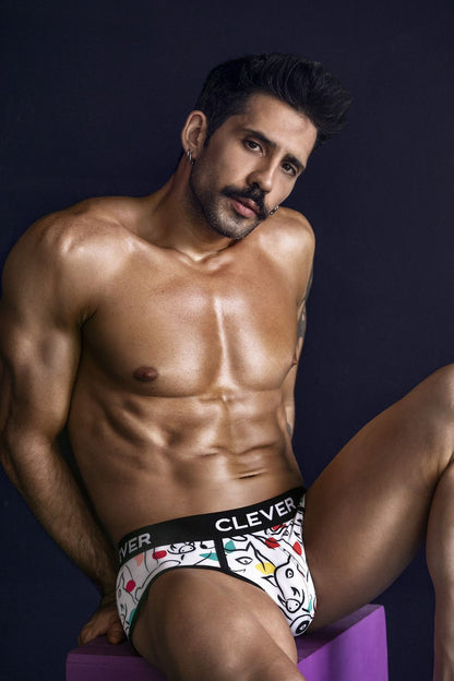 White briefs with playful cartoon cat and dice pattern and clever brand name on the waistband in white color