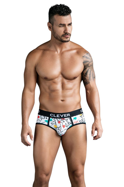 White clever 1726 grange briefs with colorful cartoon unicorns hearts pattern and black branded waistband