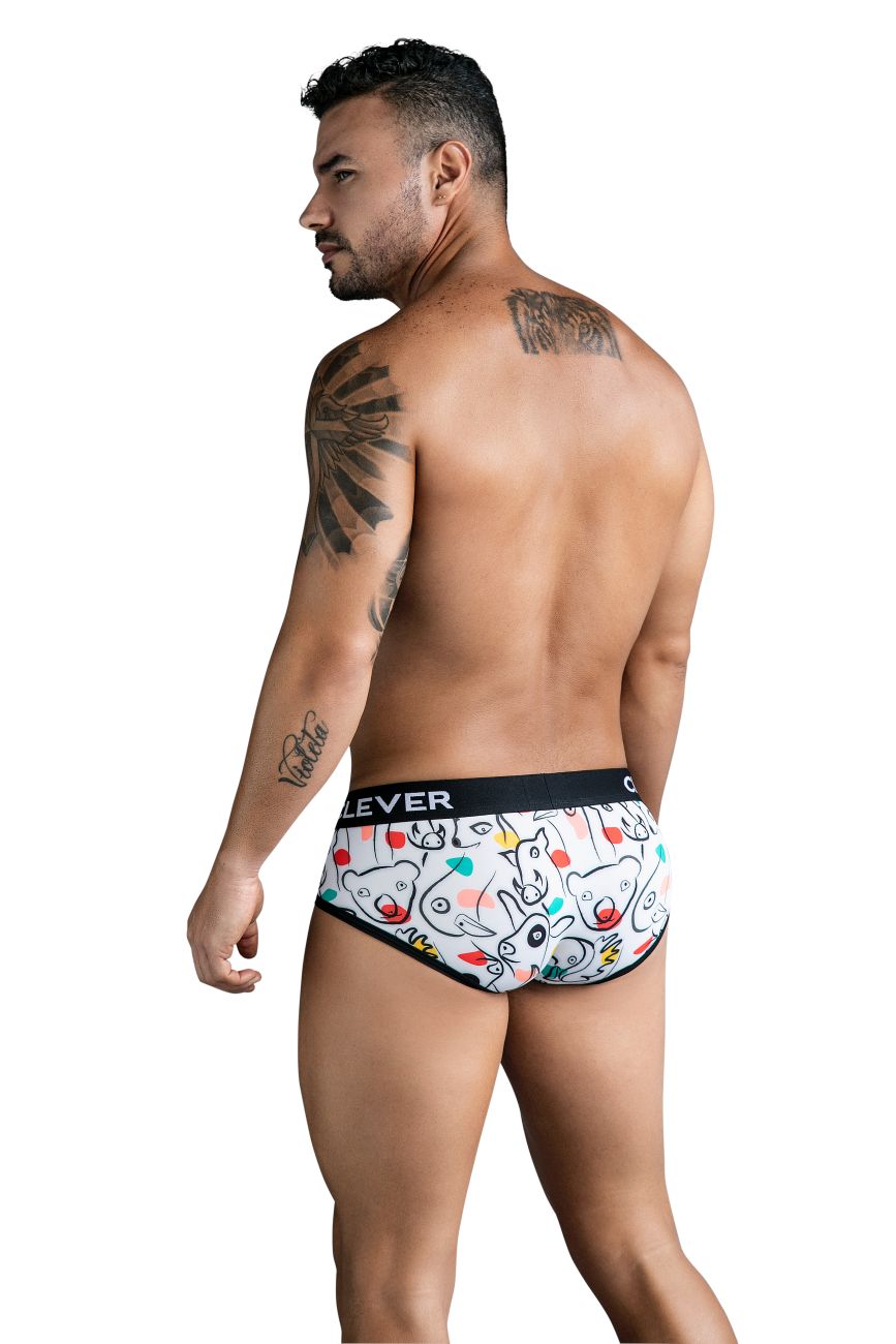 White clever 1726 grange briefs featuring playful cartoon bears and unicorns in black red and blue outlines