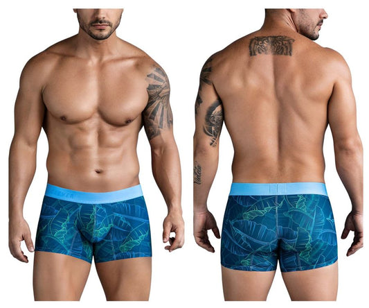 Clever 1727 shape trunks dark blue men’s boxer briefs with blue tropical leaf pattern and light blue waistband