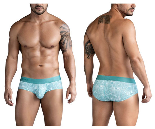 Light blue tropical leaf patterned men’s brief with solid teal waistband clever 1730 rose briefs color green