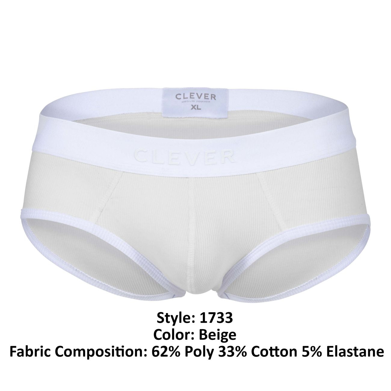 Beige clever 1733 briefs with white elastic waistband and trim designed for comfortable everyday wear