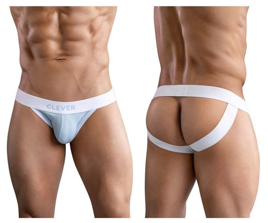 White and light blue textured fabric briefs with white waistband branded clever in clever 1734 colors jockstrap blue