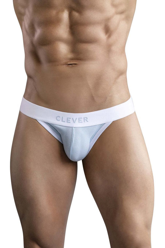 White and light blue ribbed cotton briefs with white clever waistband from clever 1734 colors jockstrap in blue