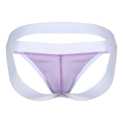 White and lavender clever 1734 colors jockstrap briefs with supportive contoured mesh design in lilac color