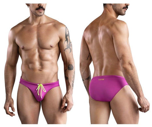 Vibrant magenta clever 1735 vivo swim briefs with neon yellow drawstrings and subtle clever logo on waistband