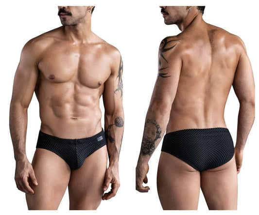 Black clever 1743 island swim briefs with textured fabric subtle pattern and small brand tag on waistband front view