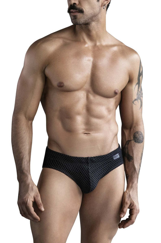 Black mesh clever 1743 island swim briefs with subtle textured pattern designed for swimming and beachwear