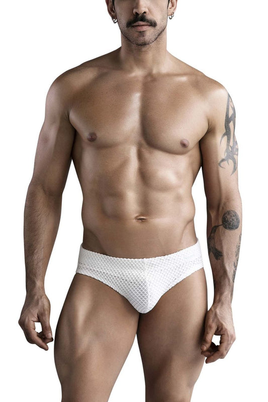 White clever 1743 island swim briefs featuring breathable textured mesh fabric for comfortable swimwear use
