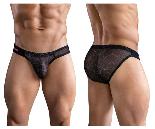 Black mesh briefs with a geometric pattern and pink branding on the waistband from clever 1747 bikini color black collection