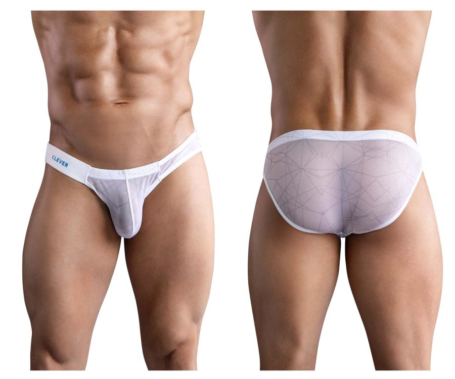 White sheer mesh briefs with geometric pattern and white elastic waistband featuring clever brand logo in blue