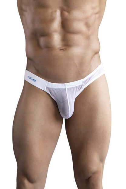 White sheer mesh briefs with solid white waistband with clever brand name in blue from clever 1747 geometric bikini