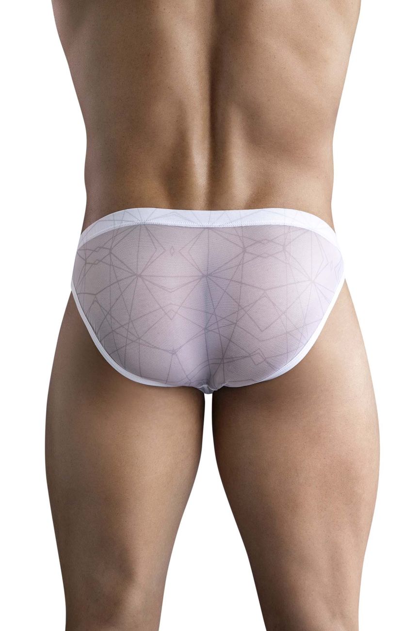 White sheer mesh briefs with geometric pattern and white trim from clever 1747 geometric bikini color white