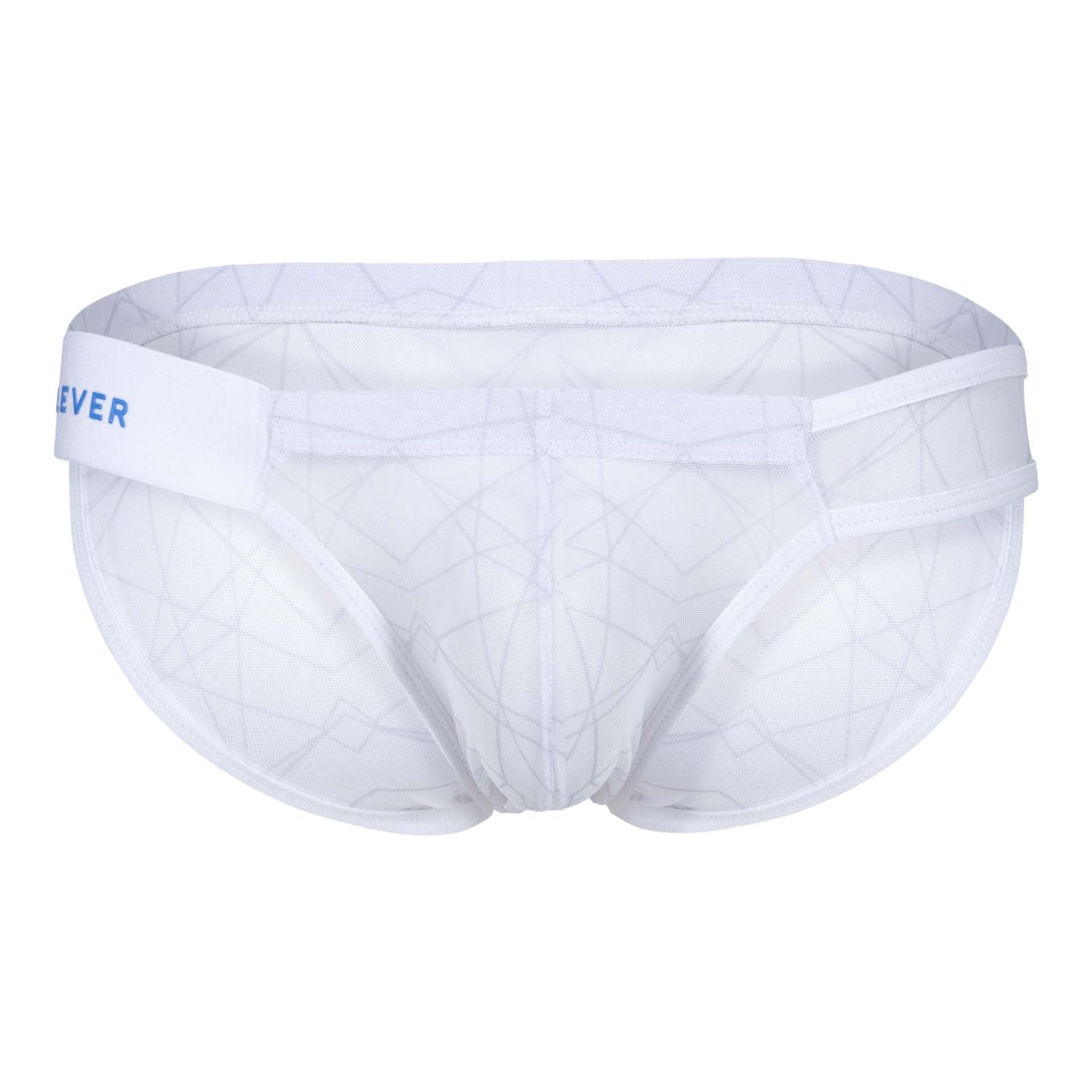 White mesh briefs with a geometric pattern and blue ever logo on the waistband from clever 1747 geometric bikini color white