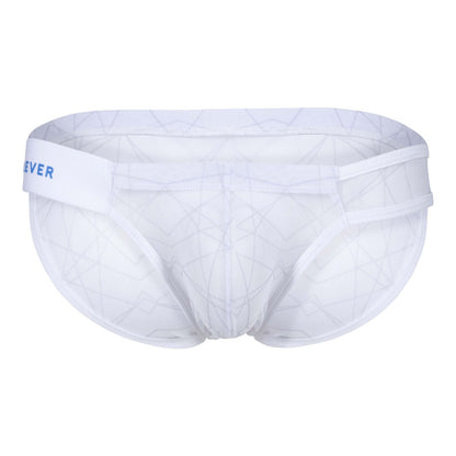 White mesh briefs with a geometric pattern and blue ever logo on the waistband from clever 1747 geometric bikini color white