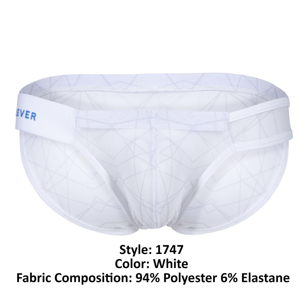 White mesh briefs with a subtle geometric pattern and a clever branded waistband in white color