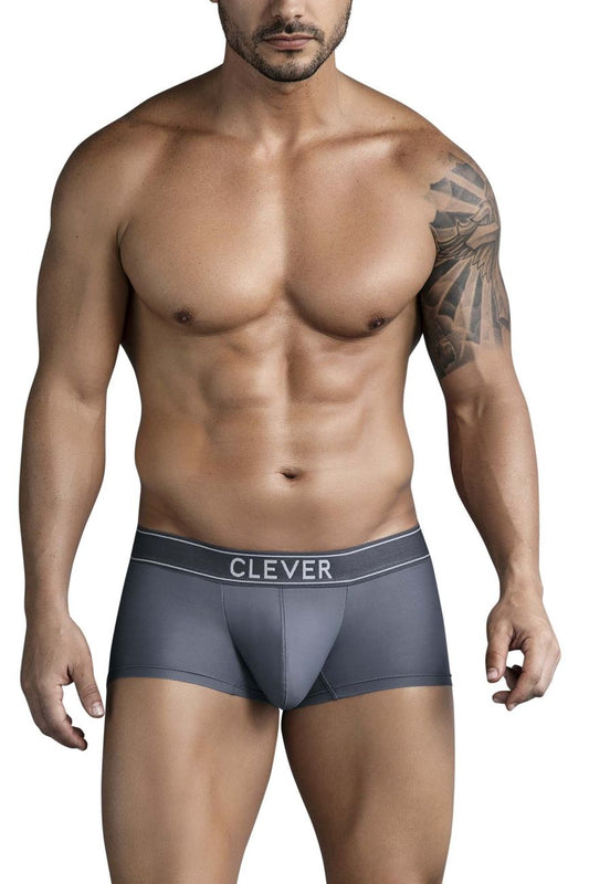 Gray clever 1751 craftiness trunks men’s briefs with white clever logo on waistband in dark gray color