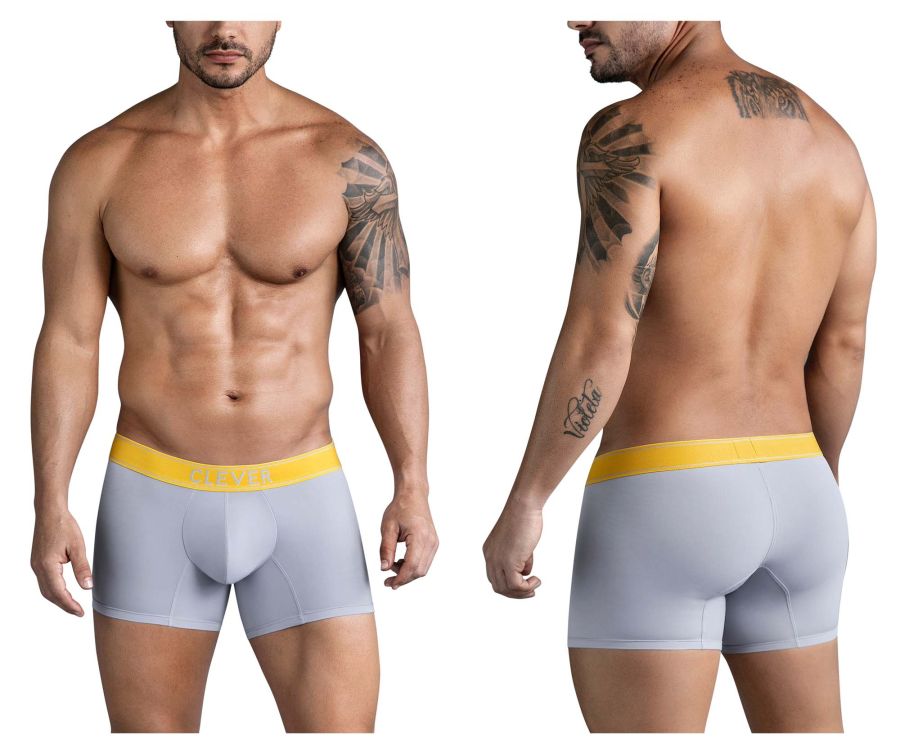 Light gray clever 1755 diseno trunks boxer briefs with bright yellow victor elastic waistband in front view