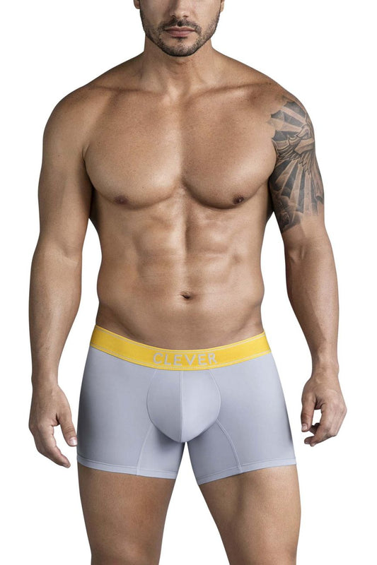 Gray clever 1755 diseno trunks boxer briefs with bright yellow elastic waistband and bold clever branding