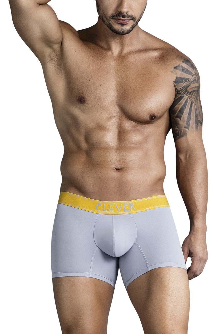 Light gray clever 1755 diseño trunks men’s boxer briefs with bright yellow elastic waistband and black clever logo