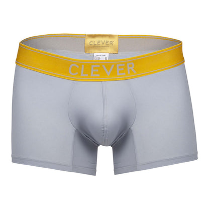 Gray boxer briefs with a bright yellow waistband featuring clever branding in white lettering from clever 1755 diseno trunks