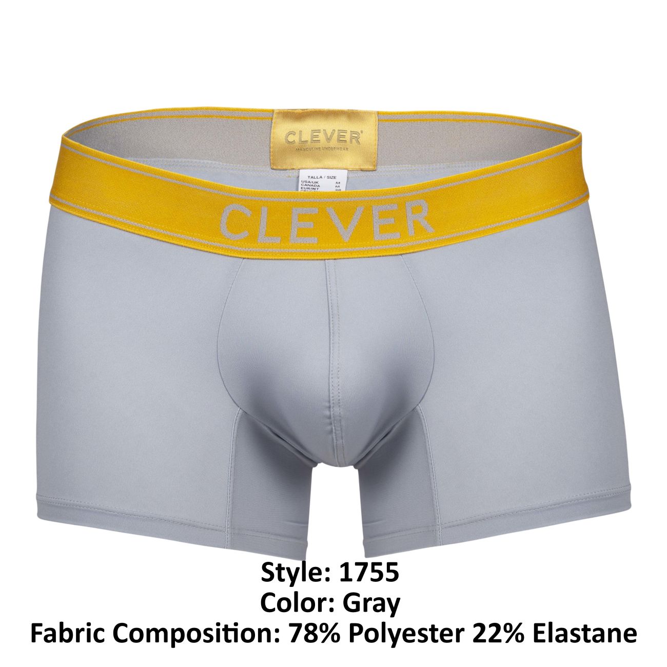 Gray clever 1755 diseño trunks boxer briefs with bright yellow waistband and white clever brand name lettering