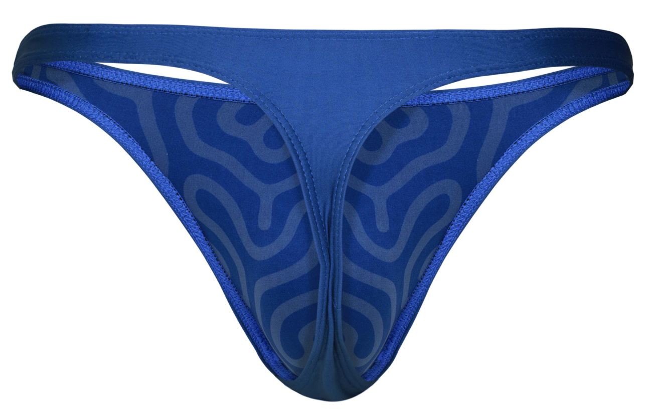 Blue clever 1773 cactus thong with sheer patterned mesh design and solid fabric trim shown from the back side