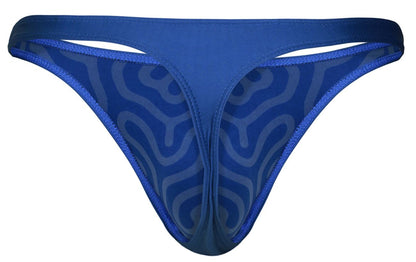 Blue clever 1773 cactus thong with sheer patterned mesh design and solid fabric trim shown from the back side
