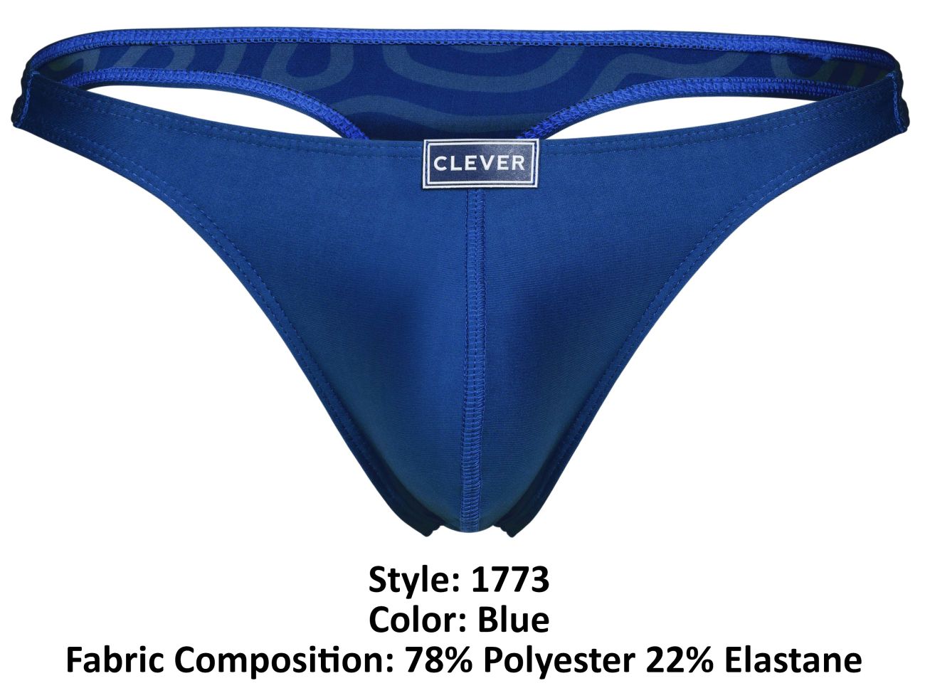 Blue clever 1773 cactus thong made of smooth satin fabric with subtle patterned inner lining visible from the back side
