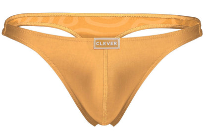 Golden-yellow satin thong with subtle pattern and clever brand label from clever 1773 cactus thongs orange collection