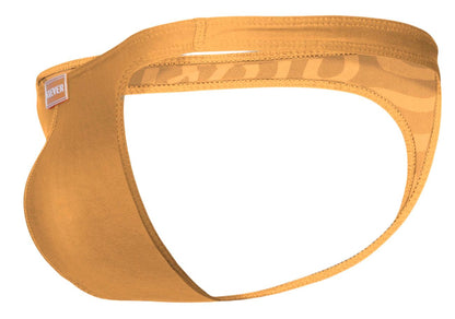 Golden-yellow seamless fabric briefs with subtle zebra-striped pattern and small bever brand tag clever 1773 cactus thongs color orange